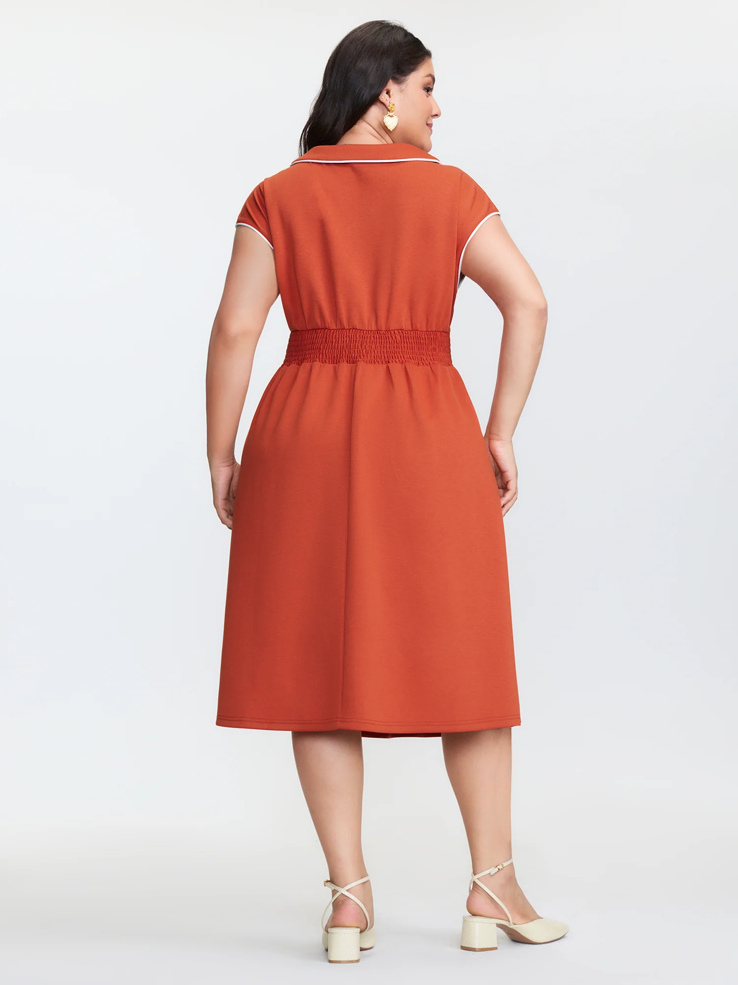 Butterfly Neckline Pockets Shirred Back Midi Dress - Image 4