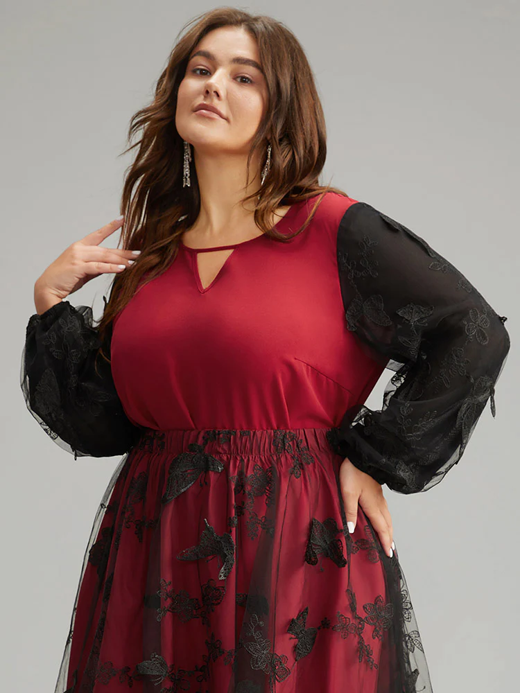 Butterfly Plisse Patchwork Keyhole Blouse