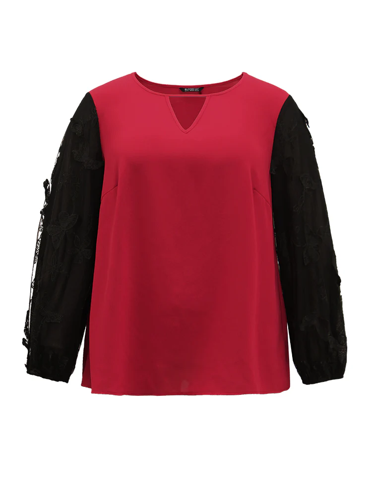 Butterfly Plisse Patchwork Keyhole Blouse - Image 6
