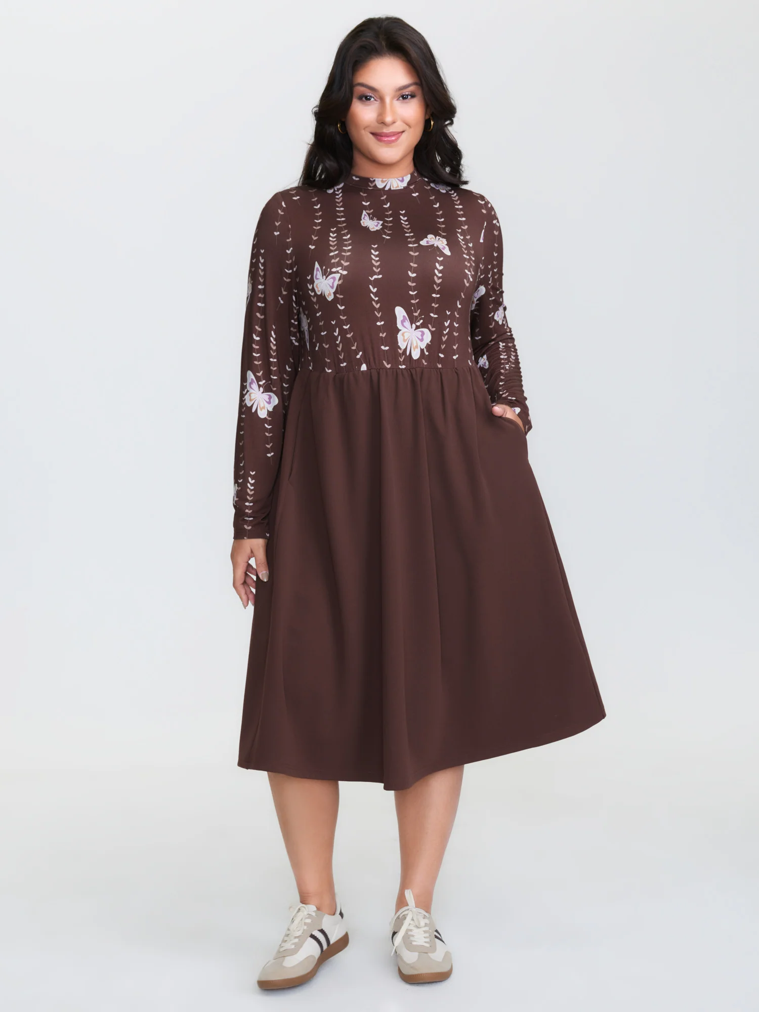 Butterfly Print Mockneck Midi Dress - Image 3