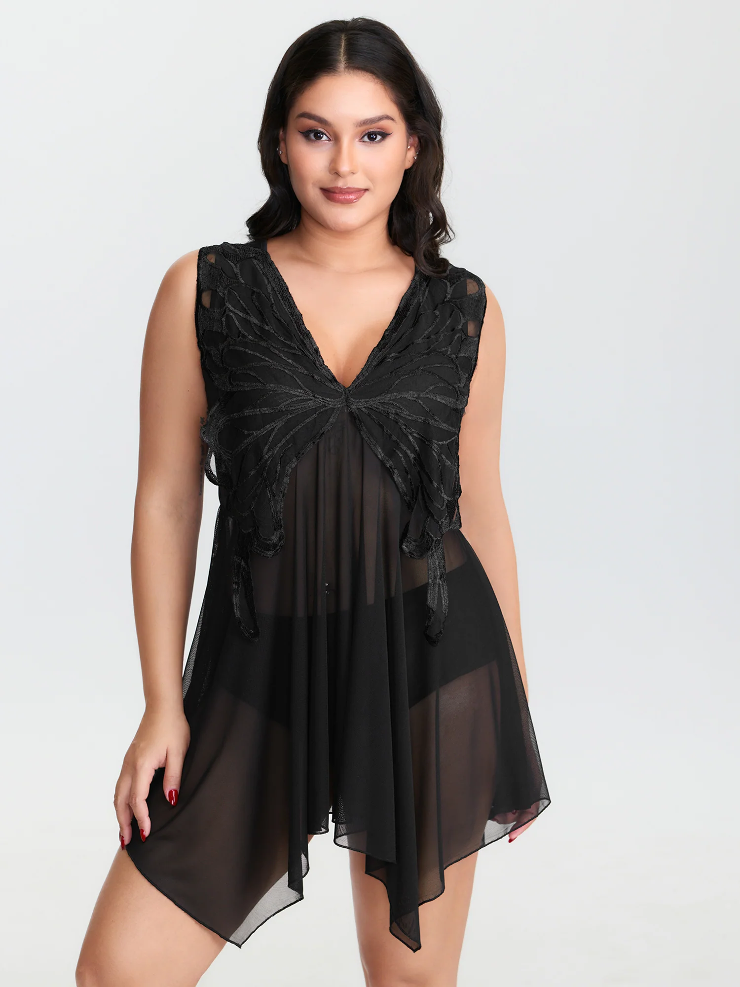 Butterfly Sheer Asymmetrical Hem Nightgown - Image 2