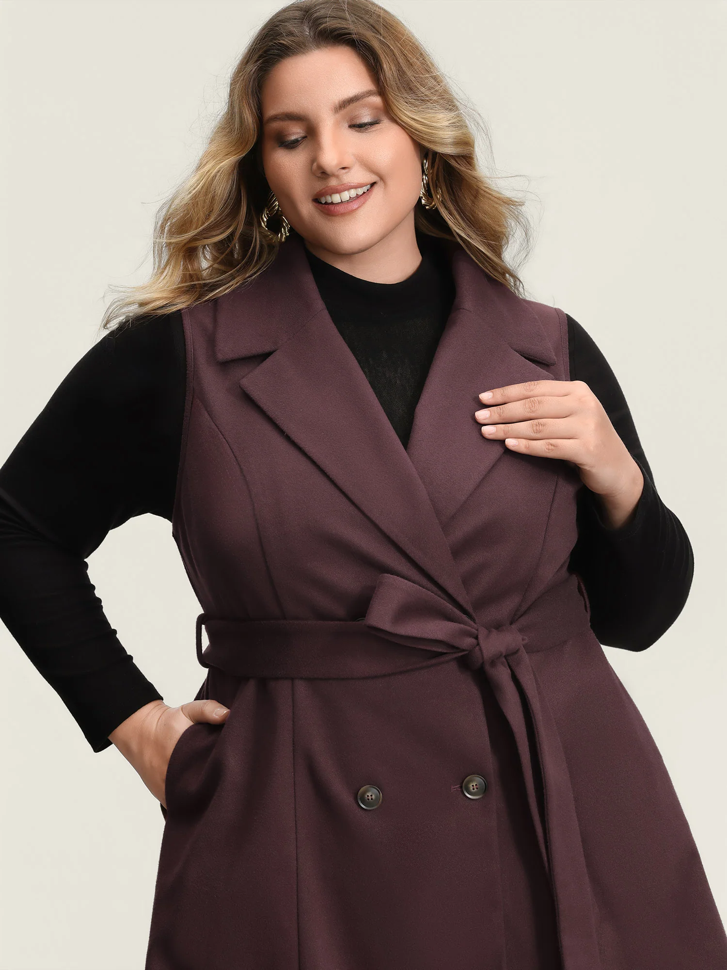 Button Detail Belted Pockets Vest - Image 2