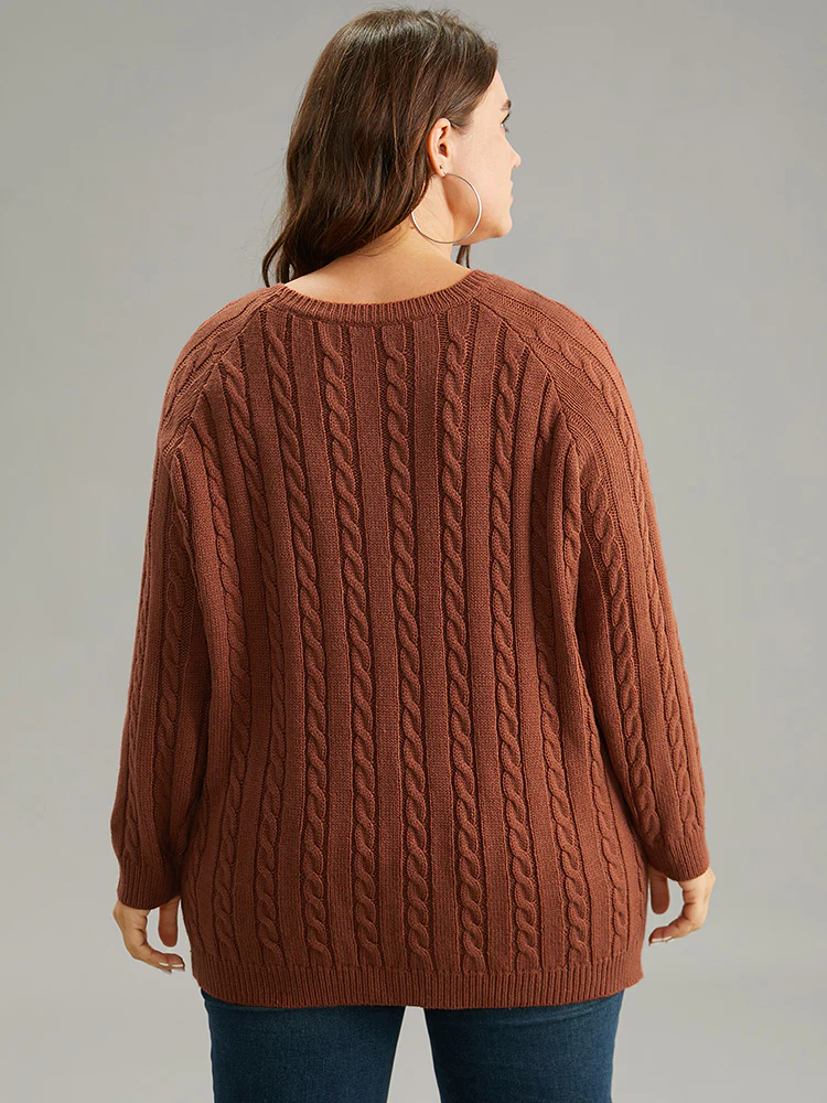 Button Detail Cable Knit Raglan Sleeve Pullover - Image 2
