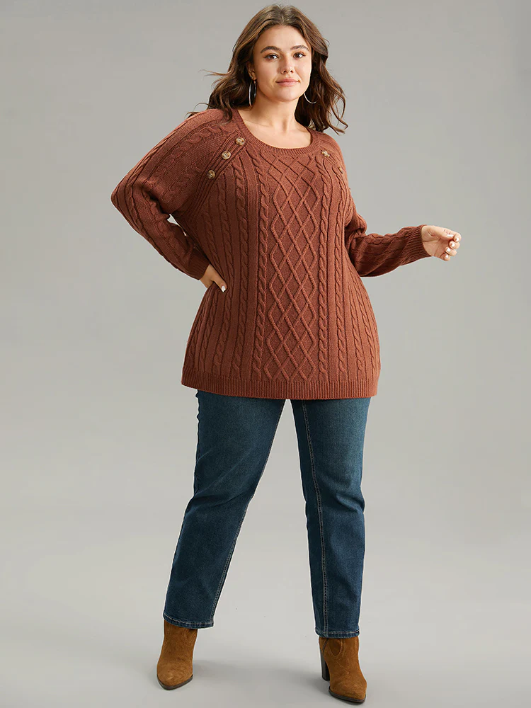 Button Detail Cable Knit Raglan Sleeve Pullover - Image 3