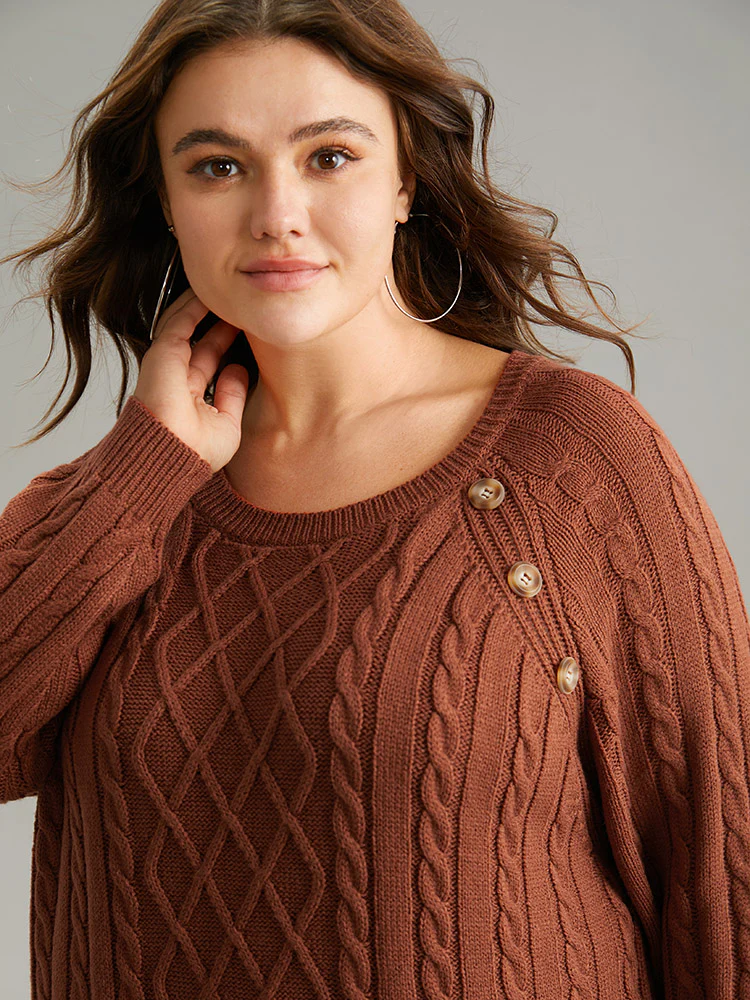 Button Detail Cable Knit Raglan Sleeve Pullover - Image 4
