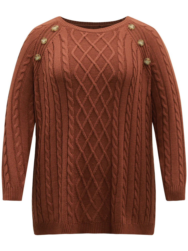Button Detail Cable Knit Raglan Sleeve Pullover - Image 5