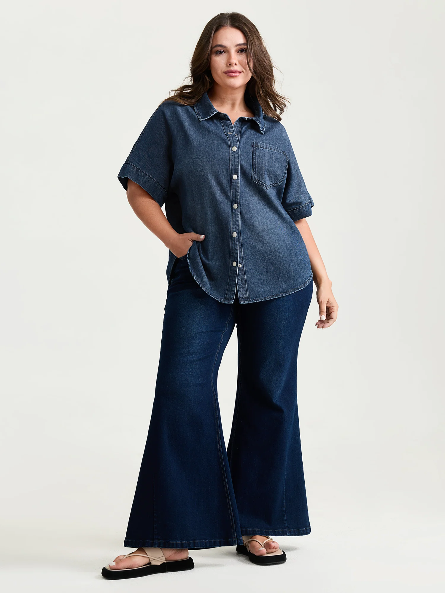 Button Detail Collar Pocket Denim Top - Image 2