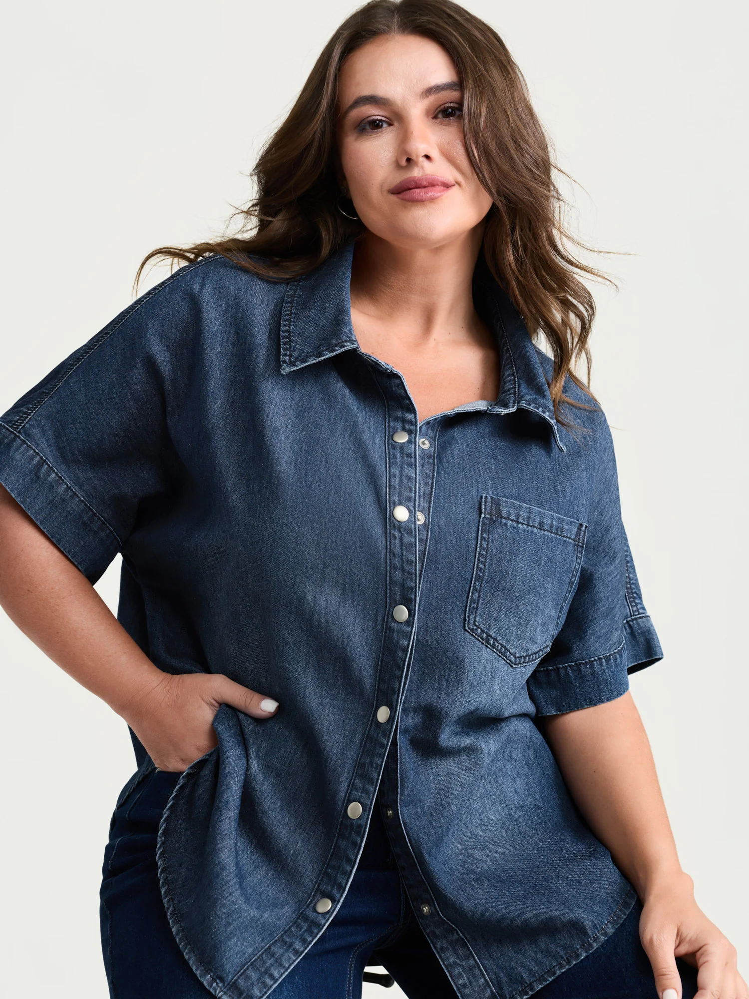 Button Detail Collar Pocket Denim Top - Image 3