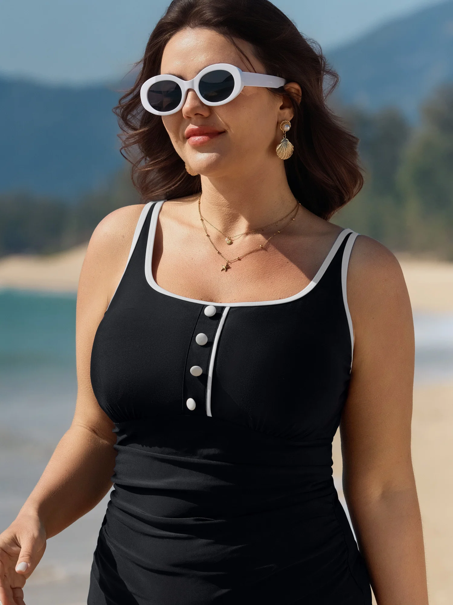 Button Detail Color Contrast One-Piece Swimsuit - Image 2