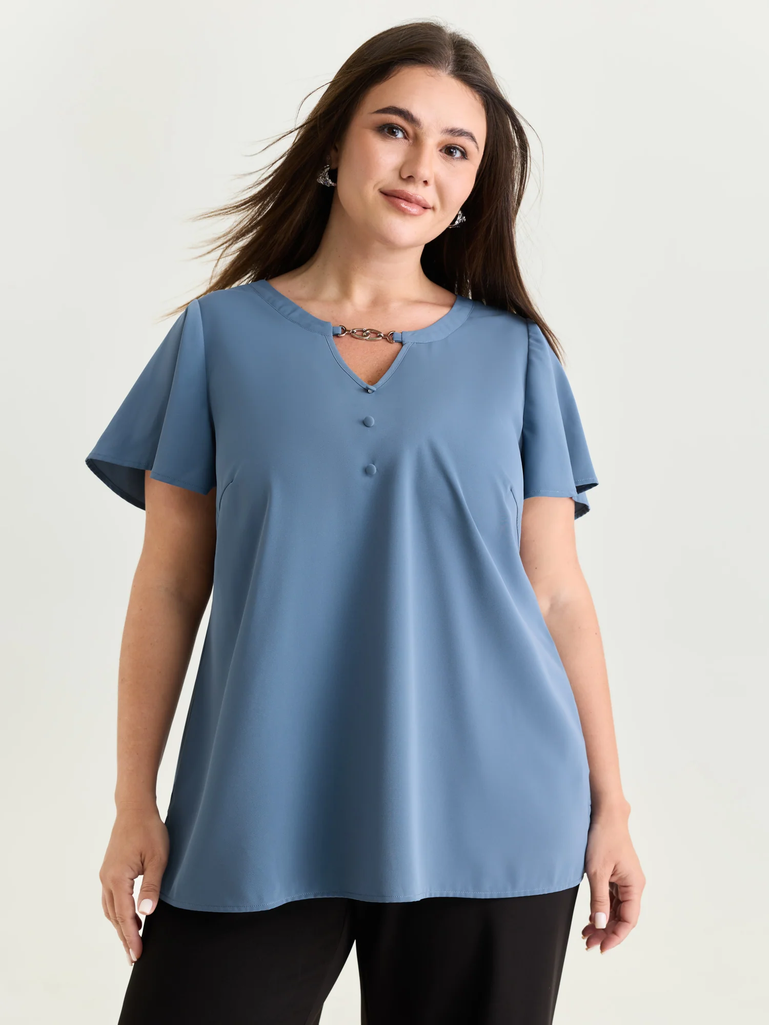 Button Detail Metal Loop Neckline Blouse