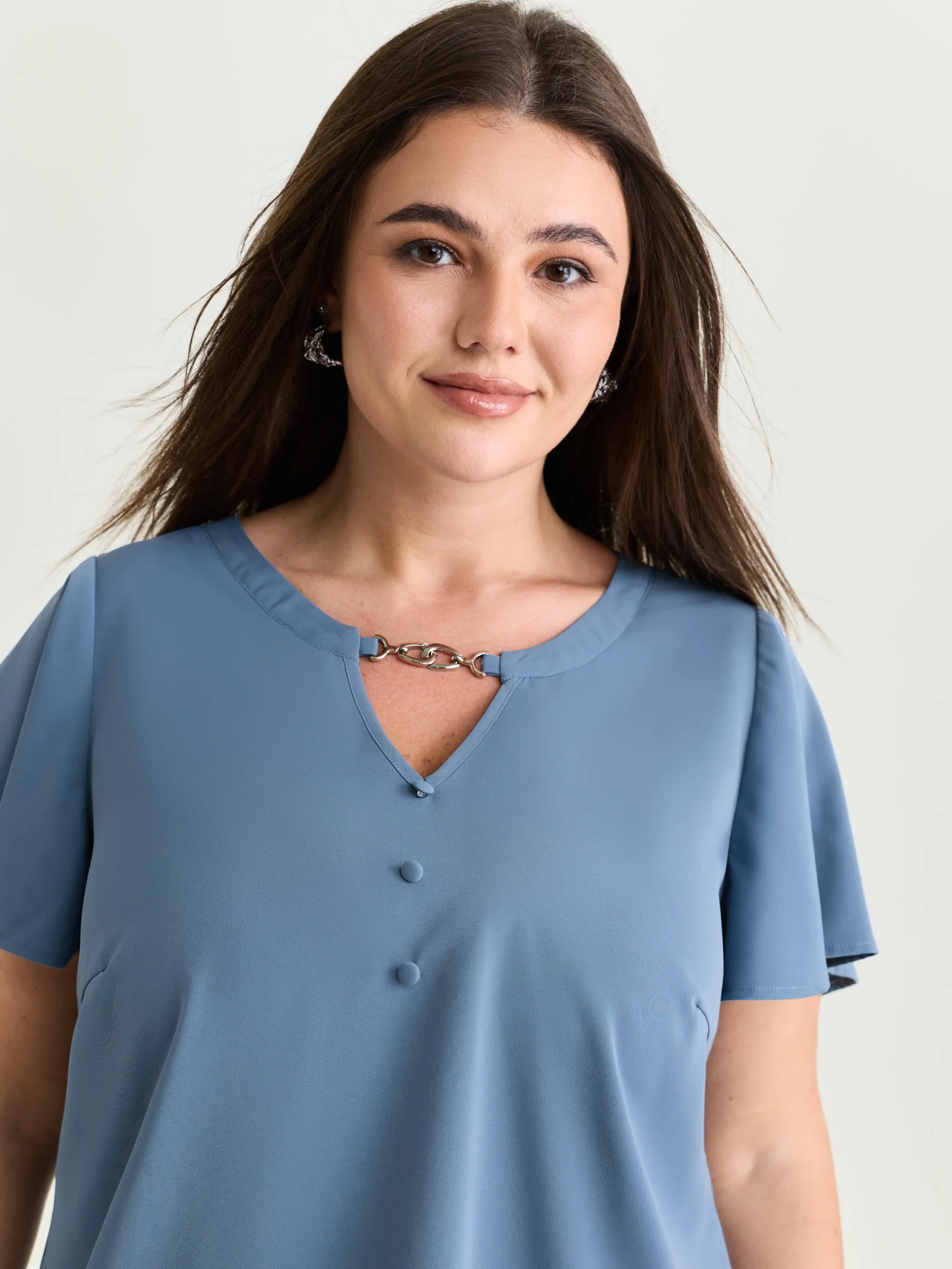 Button Detail Metal Loop Neckline Blouse - Image 2