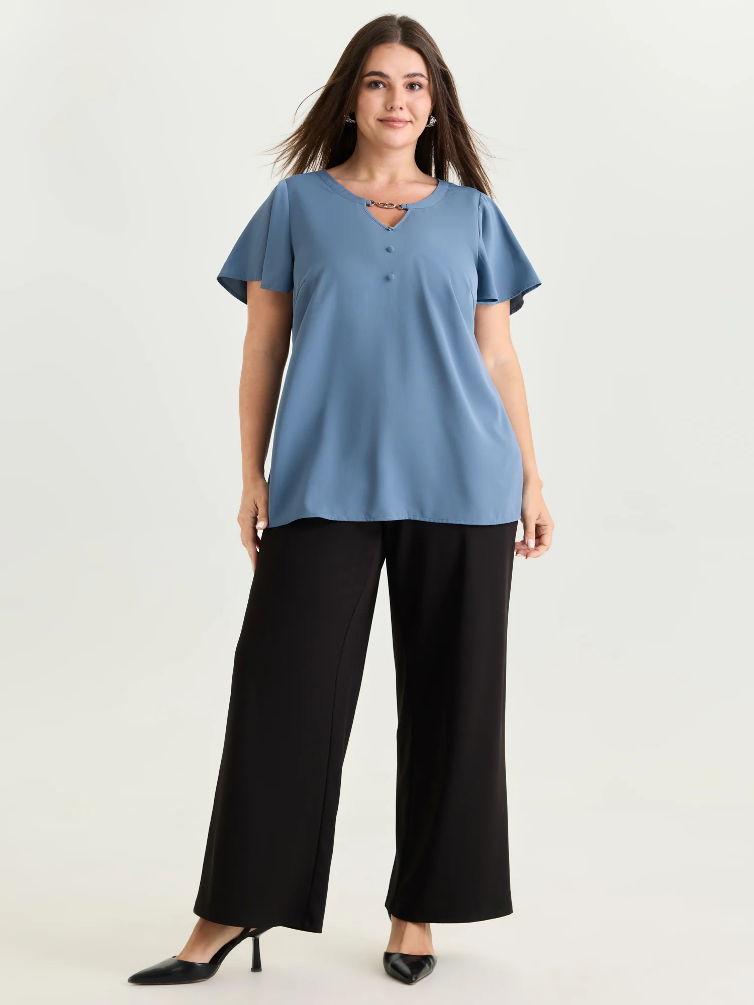 Button Detail Metal Loop Neckline Blouse - Image 3