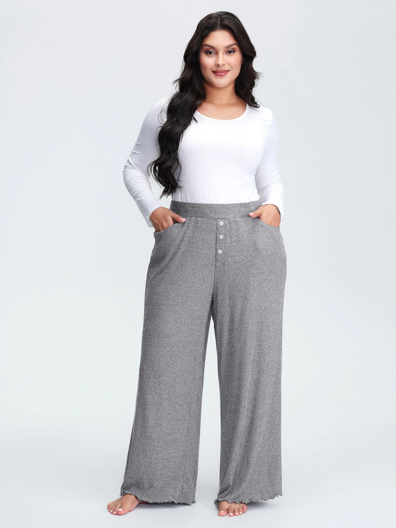 Button Detail Mixed Color Knit Lounge Bottoms - Image 2