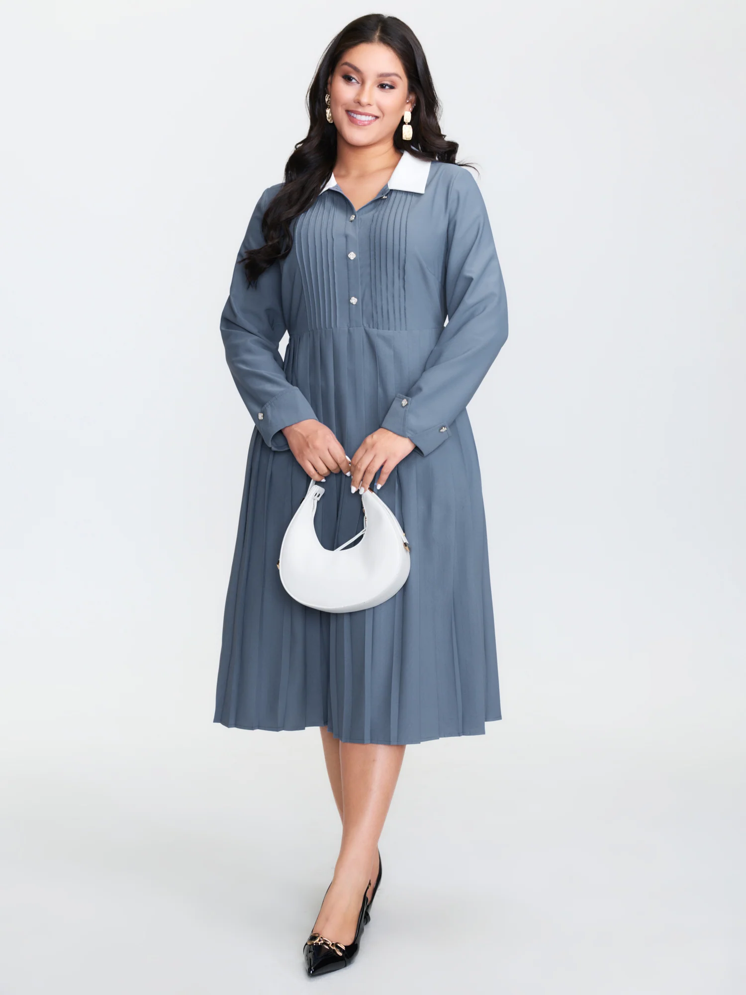 Button Detail Pleated Pockets Midi Dress - Image 3