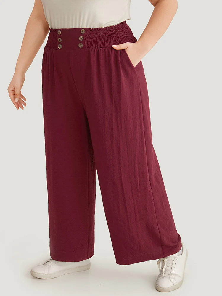 Button Detail Shirred Wide Leg Pants - Image 3