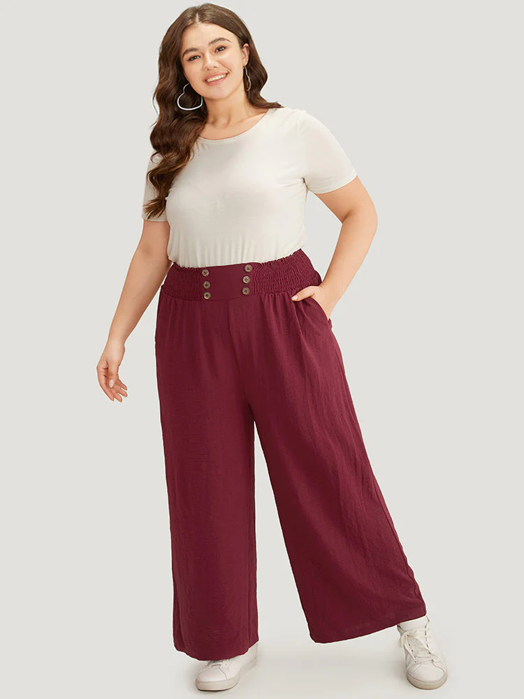 Button Detail Shirred Wide Leg Pants - Image 4