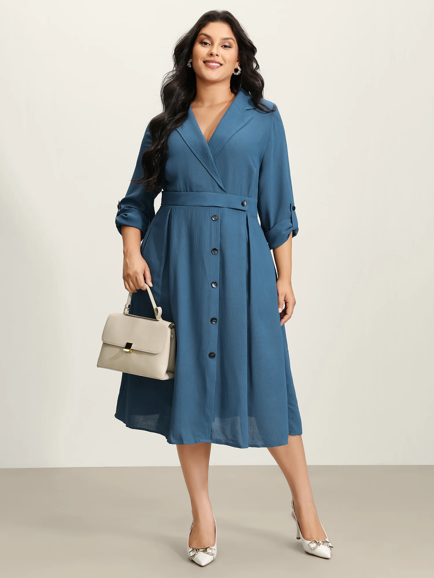Button Detail Waist-Defining Midi Dress - Image 3
