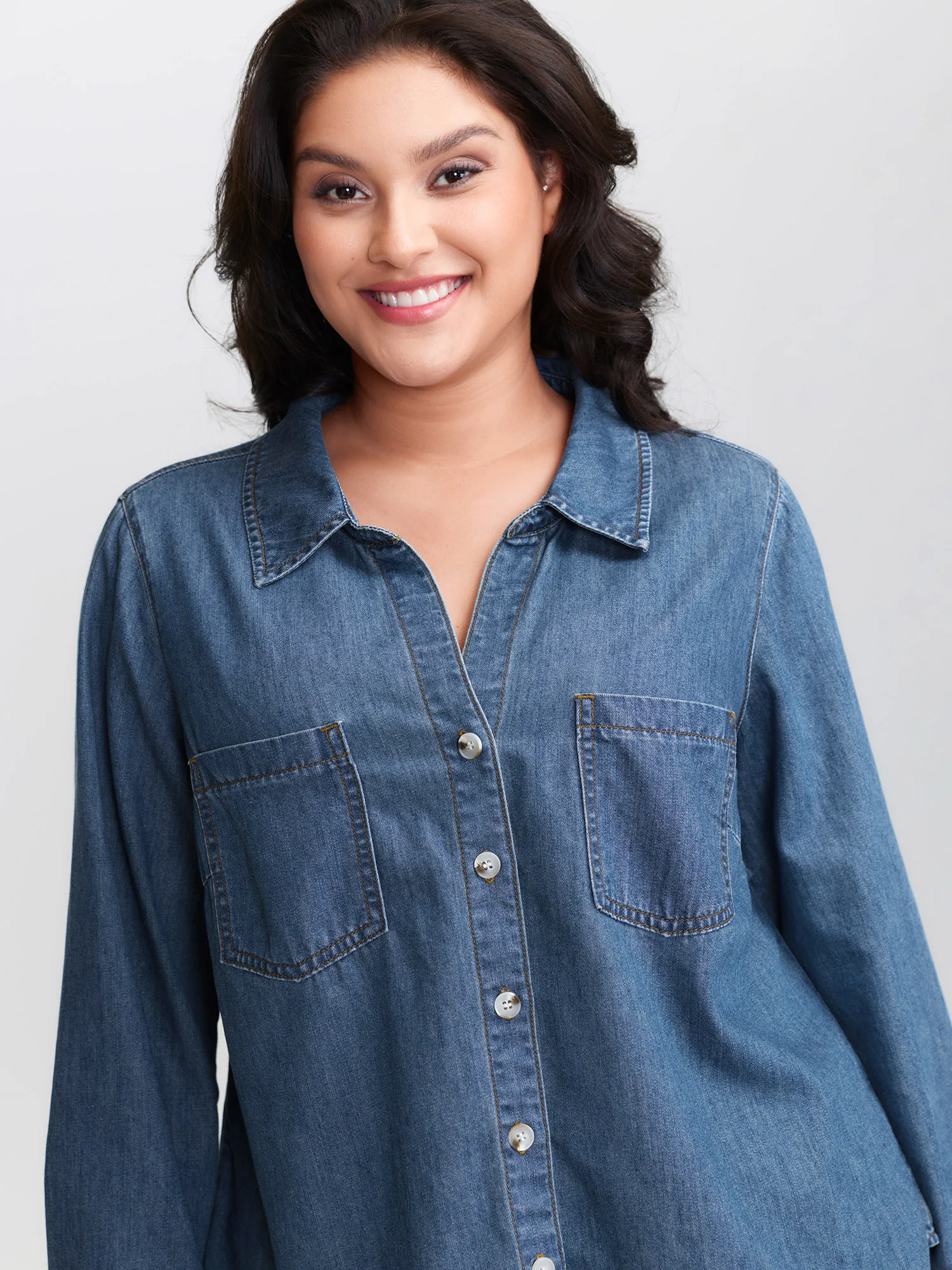 Button-Down Curvy Hem Denim Top - Image 2