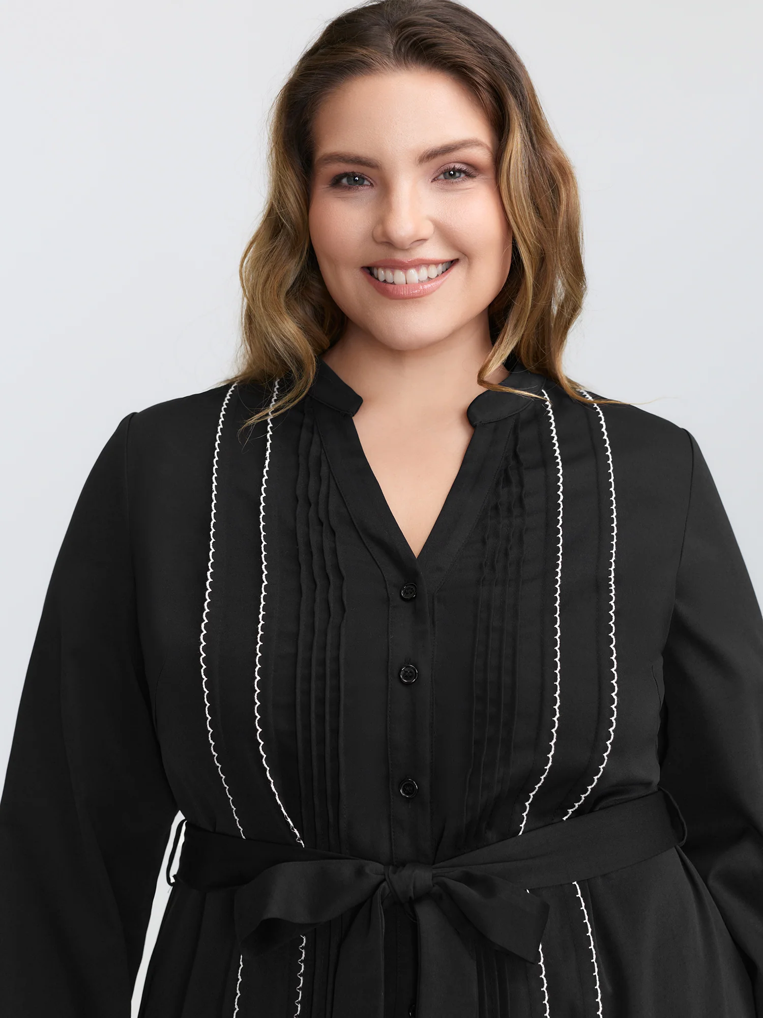 Button Front Belted Stitch Detail Midi Dress - Image 2