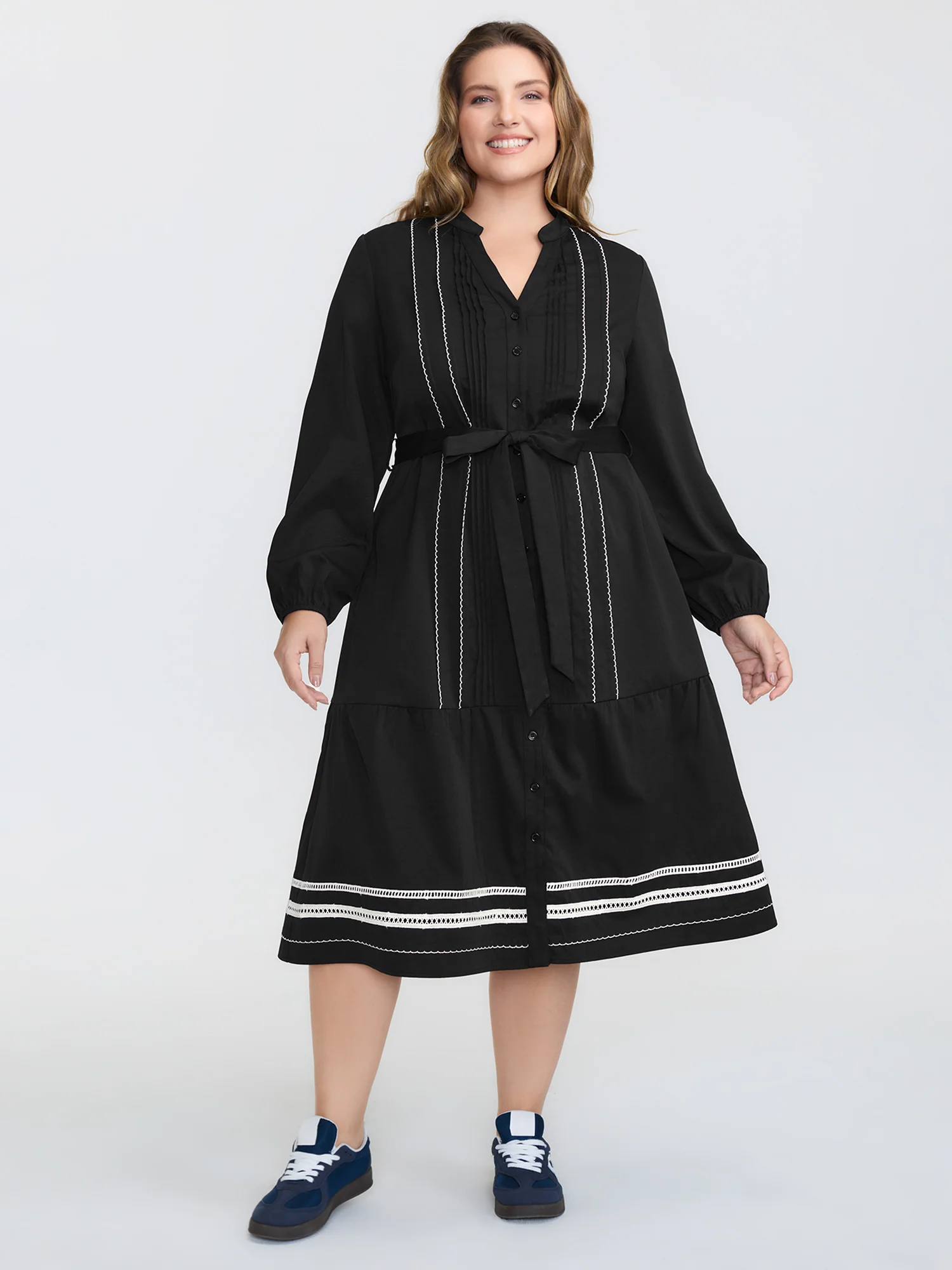 Button Front Belted Stitch Detail Midi Dress - Image 3