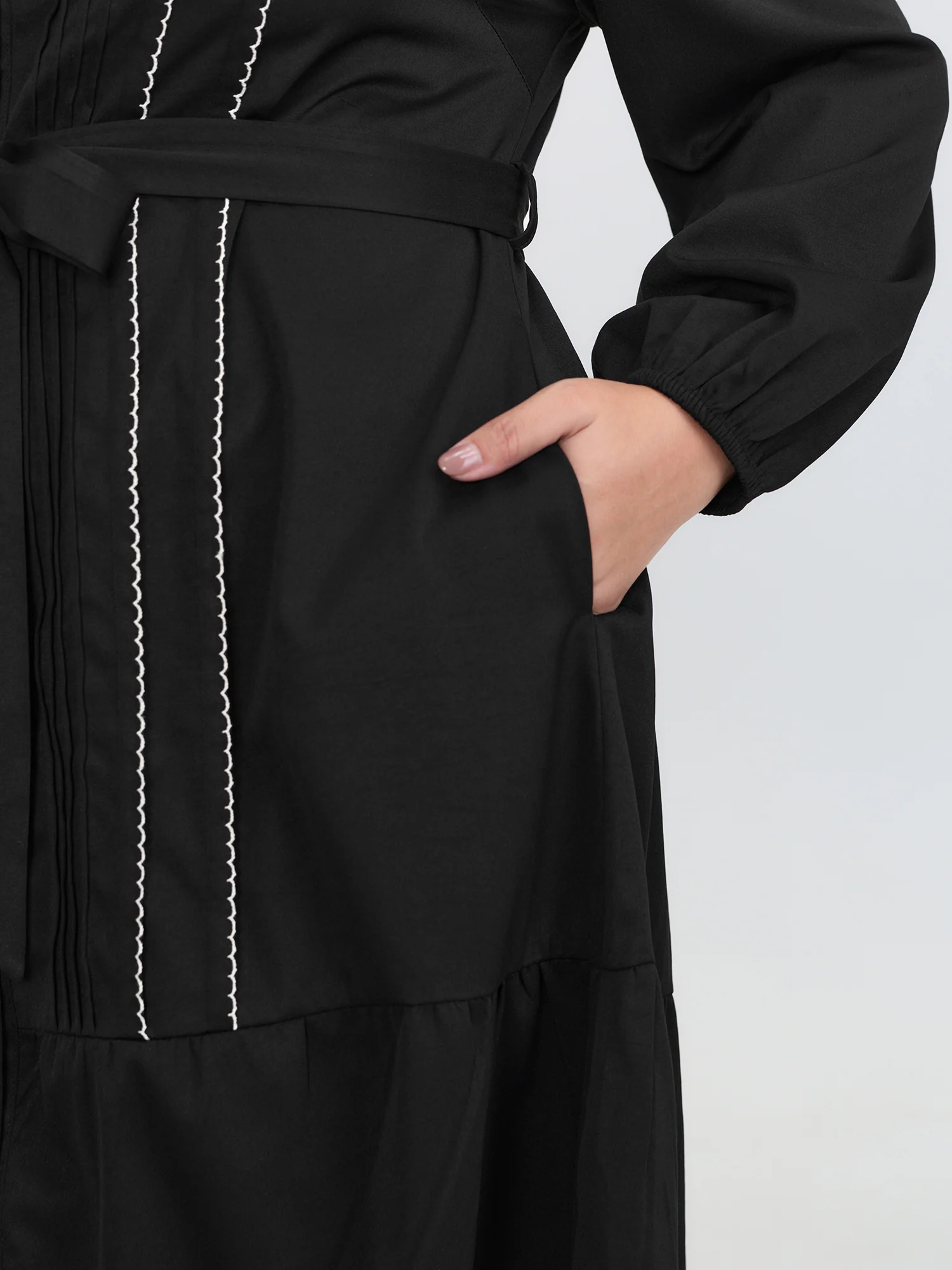 Button Front Belted Stitch Detail Midi Dress - Image 4