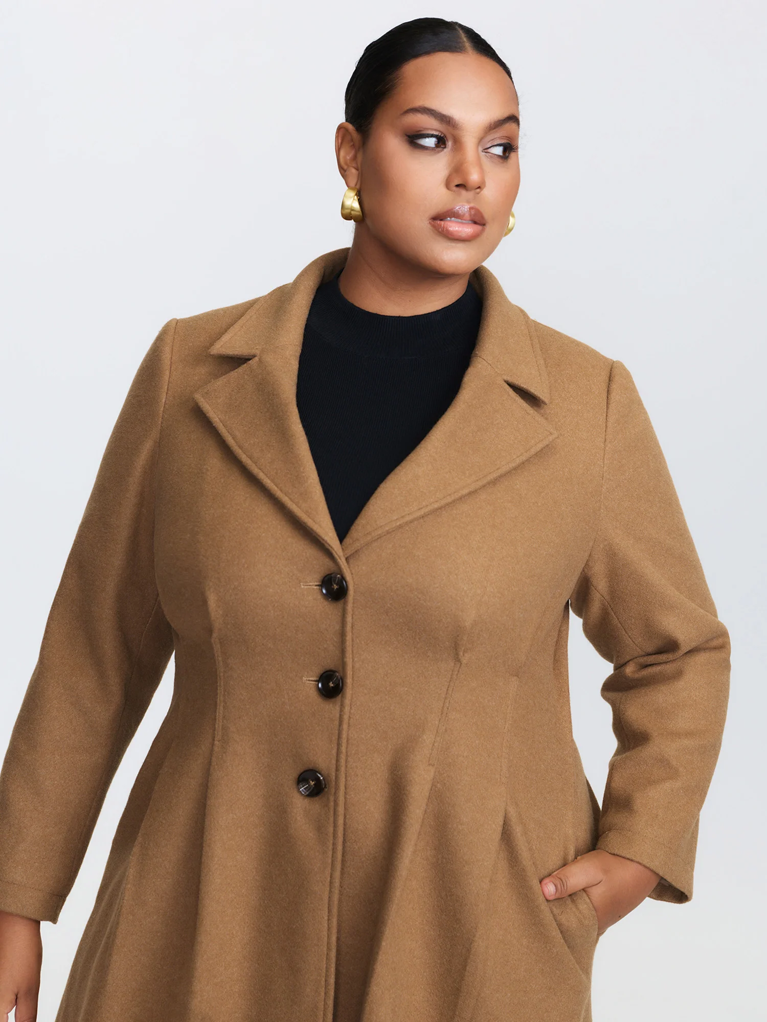 Button Front Pleated Plain Coat - Image 3