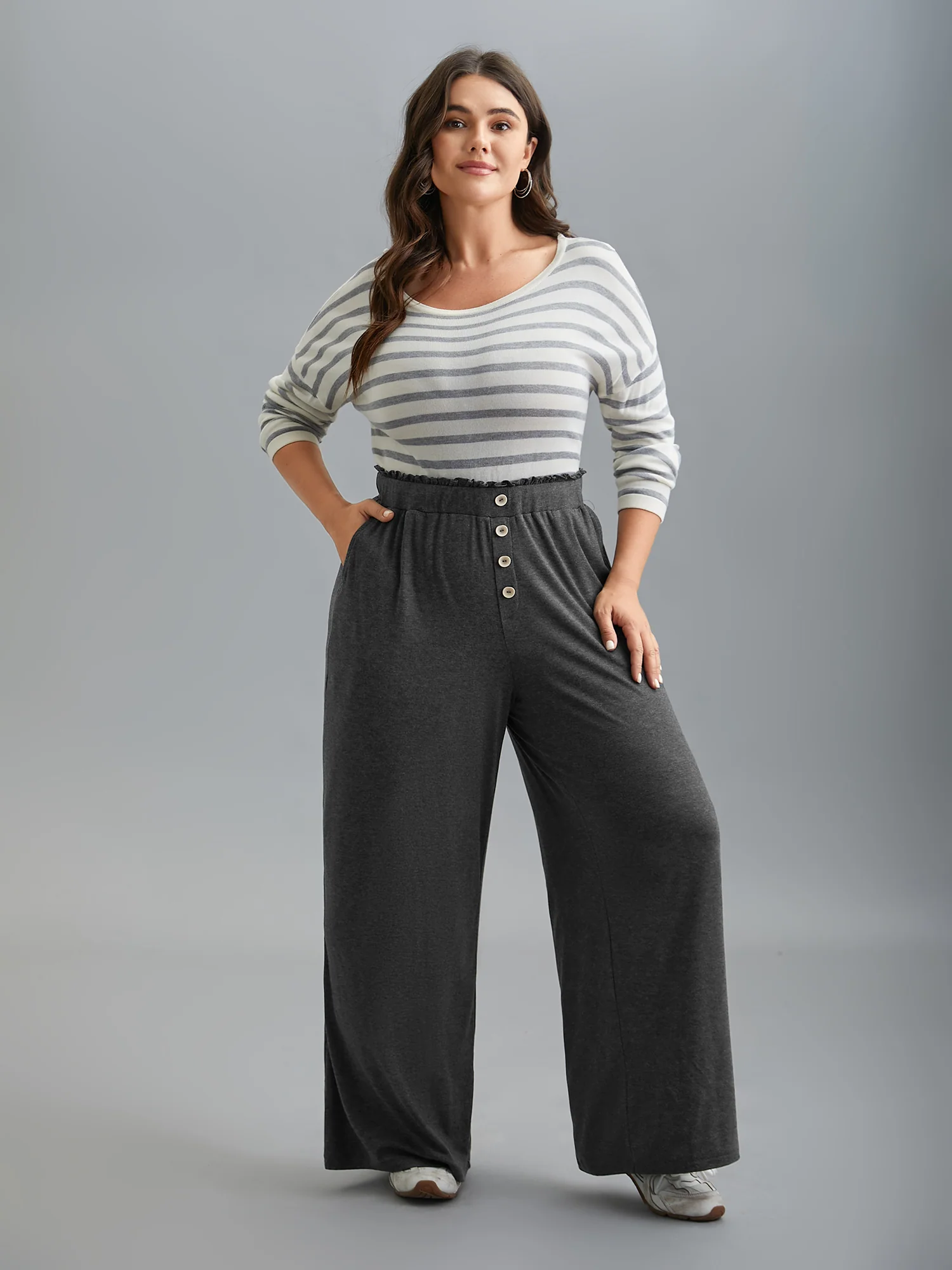 Button-Front Ruffled Waist Stretchy Pants - Image 2