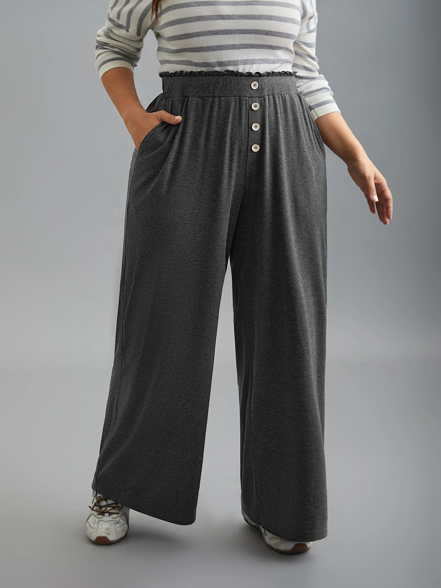 Button-Front Ruffled Waist Stretchy Pants - Image 5
