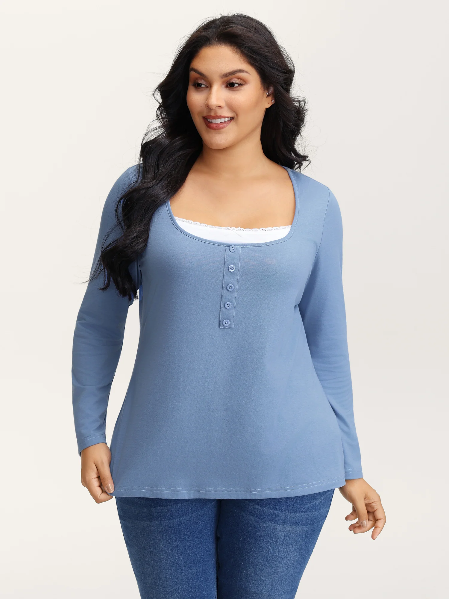 Button Placket Lace Scoop Neck T-Shirt - Image 2