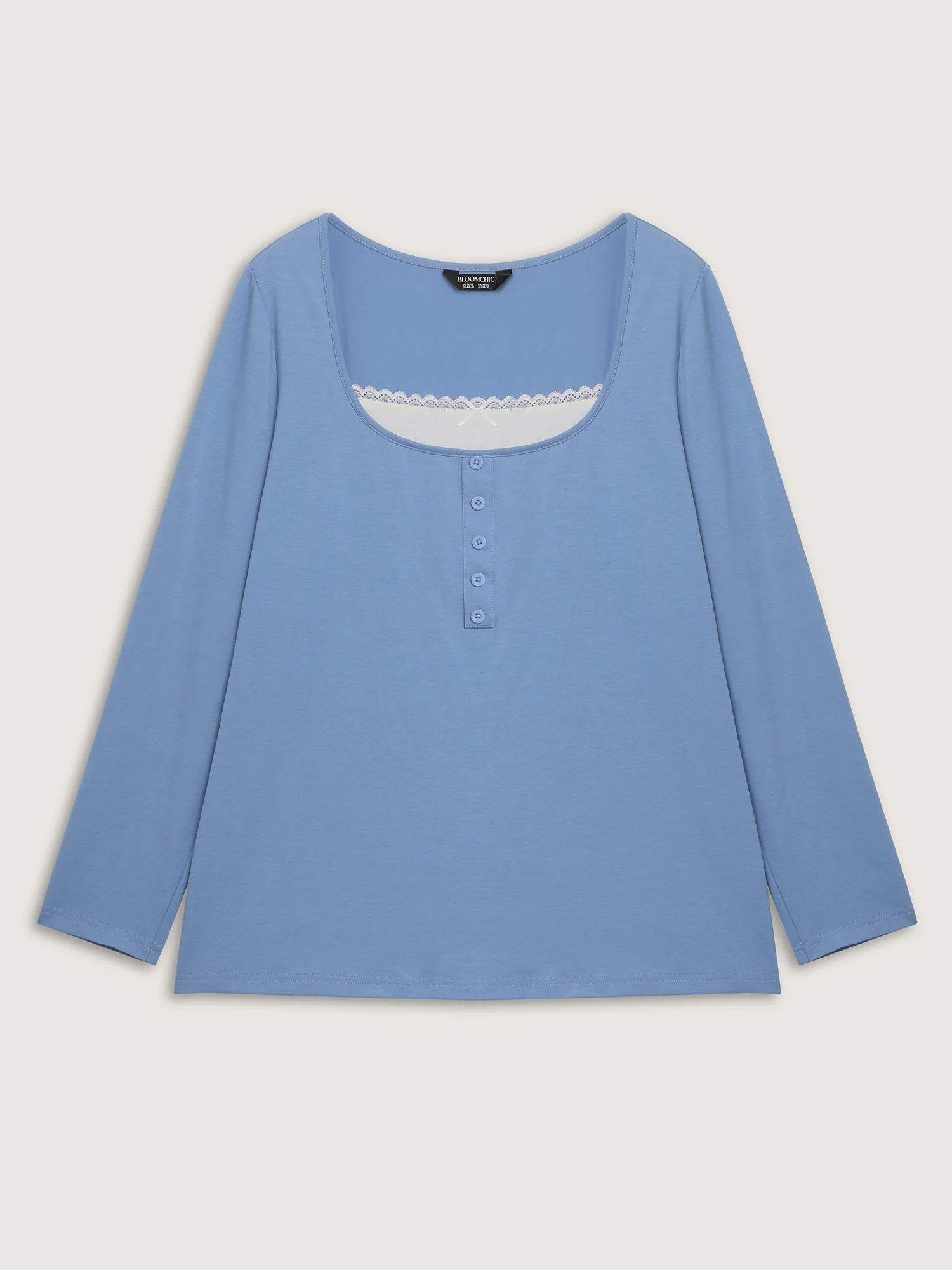 Button Placket Lace Scoop Neck T-Shirt - Image 6