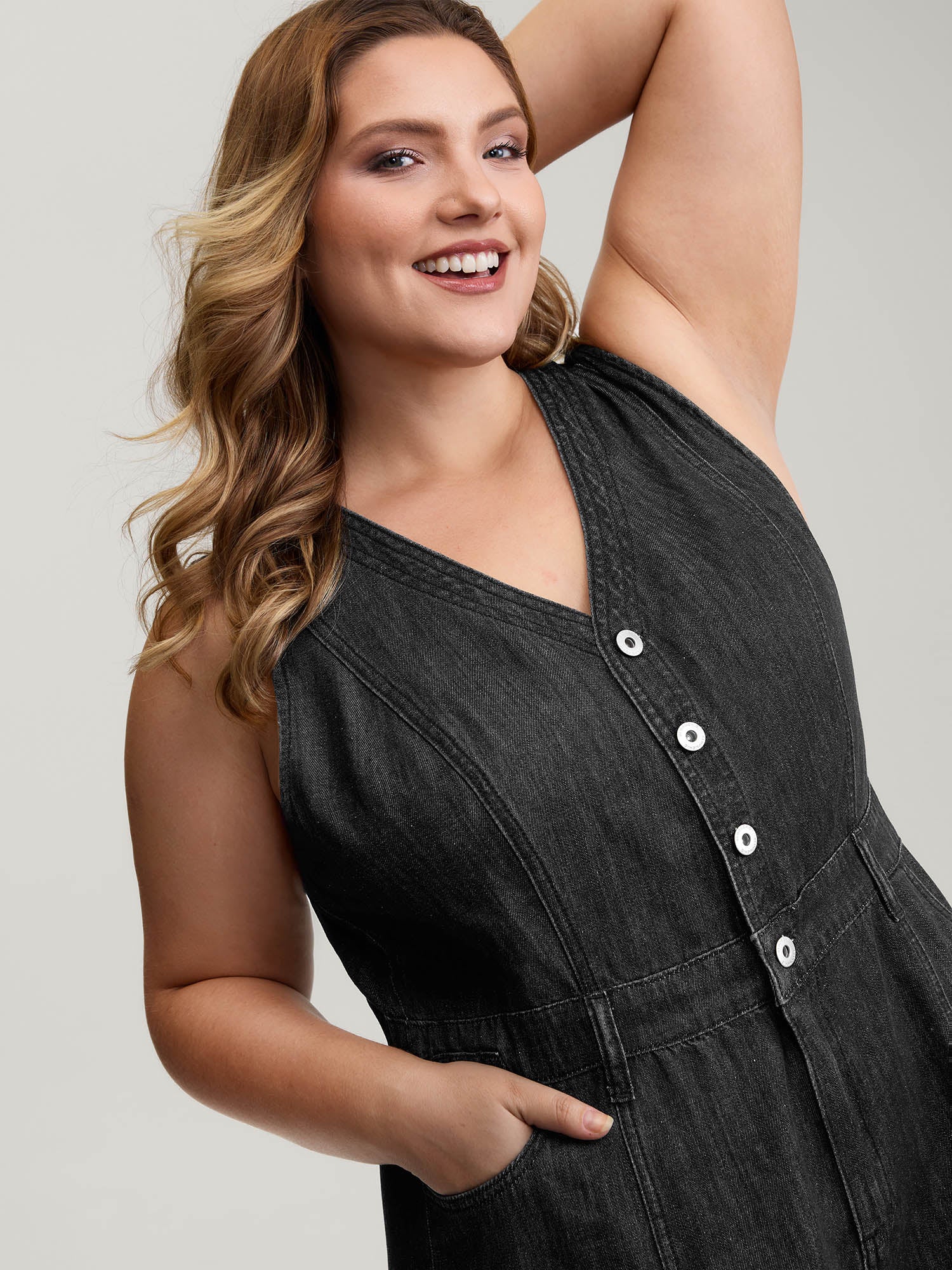 Button Placket Pockets Denim Jumpsuit - Image 2