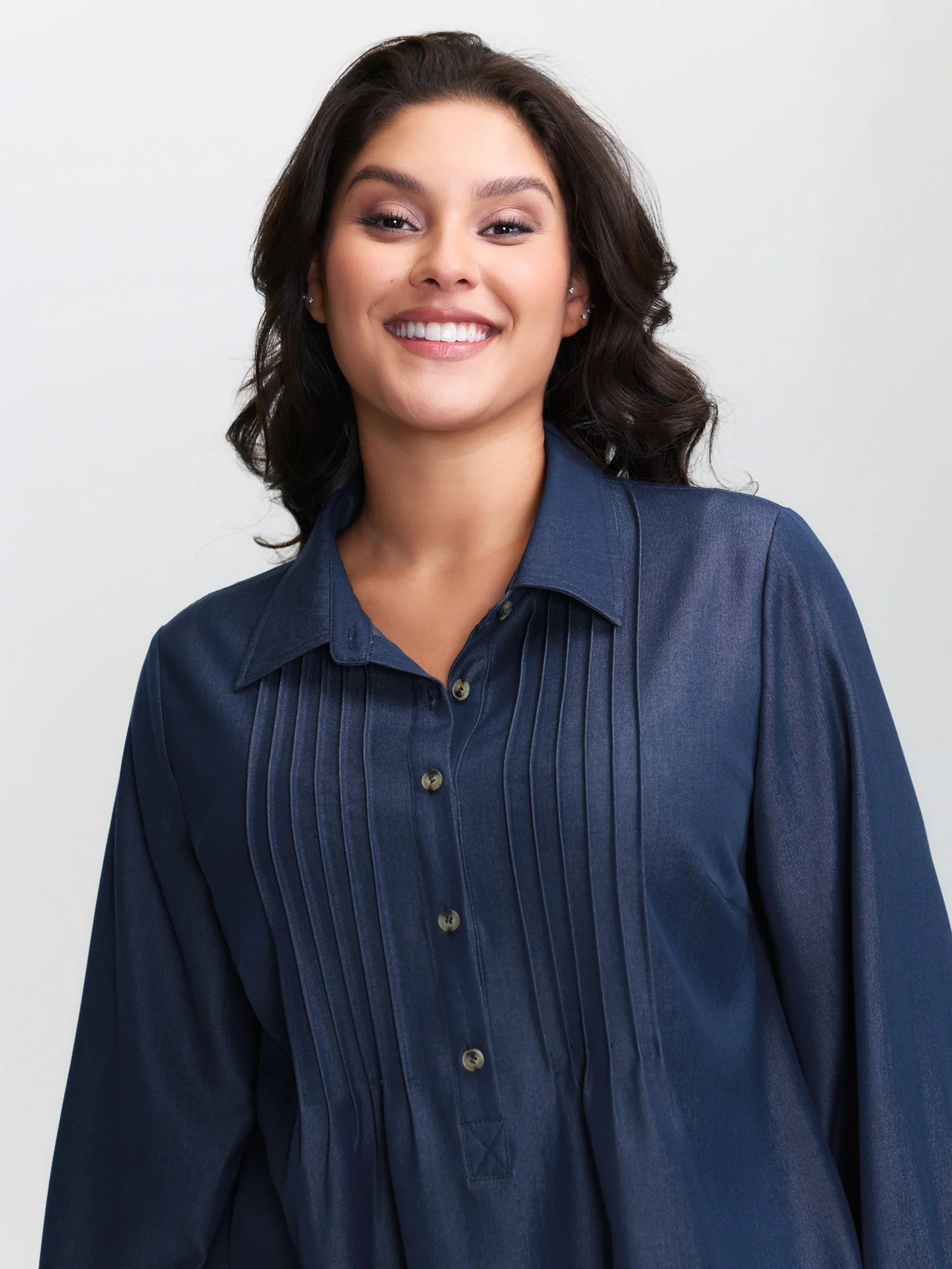 Buttons Pleated Denim Blouse - Image 2