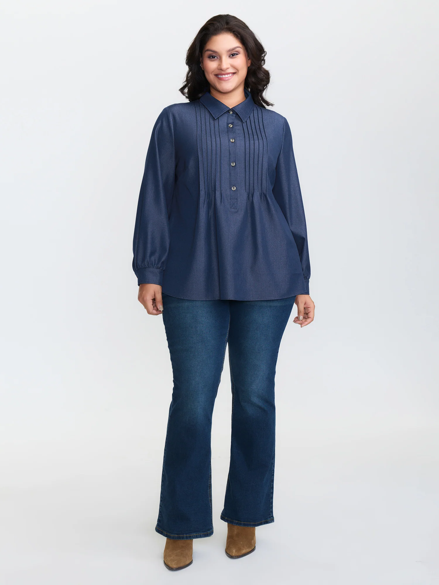 Buttons Pleated Denim Blouse - Image 3