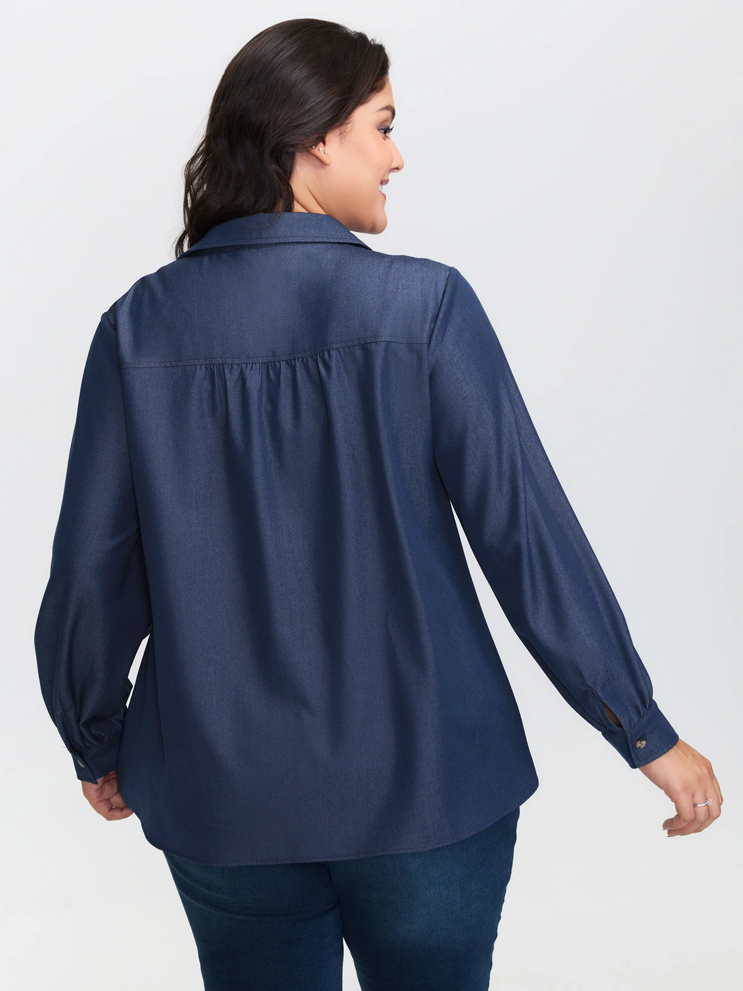 Buttons Pleated Denim Blouse - Image 4