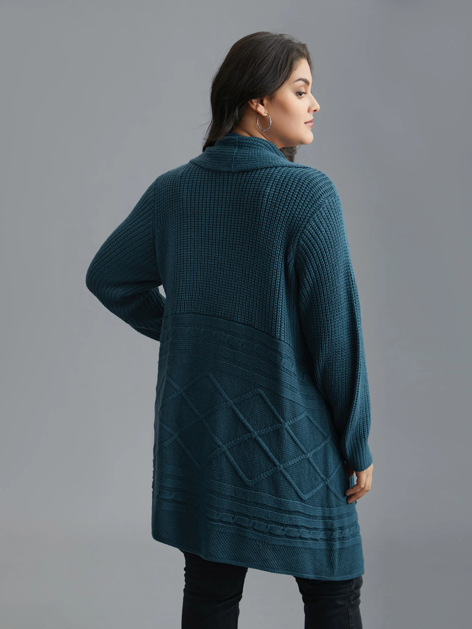 Cable Knit Asymmetrical Hem Open-Front Cardigan - Image 2