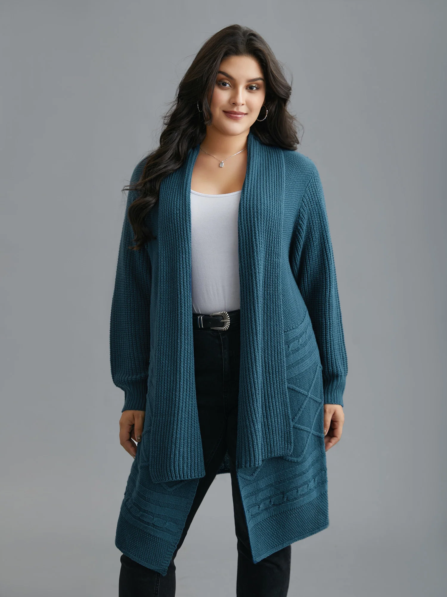 Cable Knit Asymmetrical Hem Open-Front Cardigan - Image 3