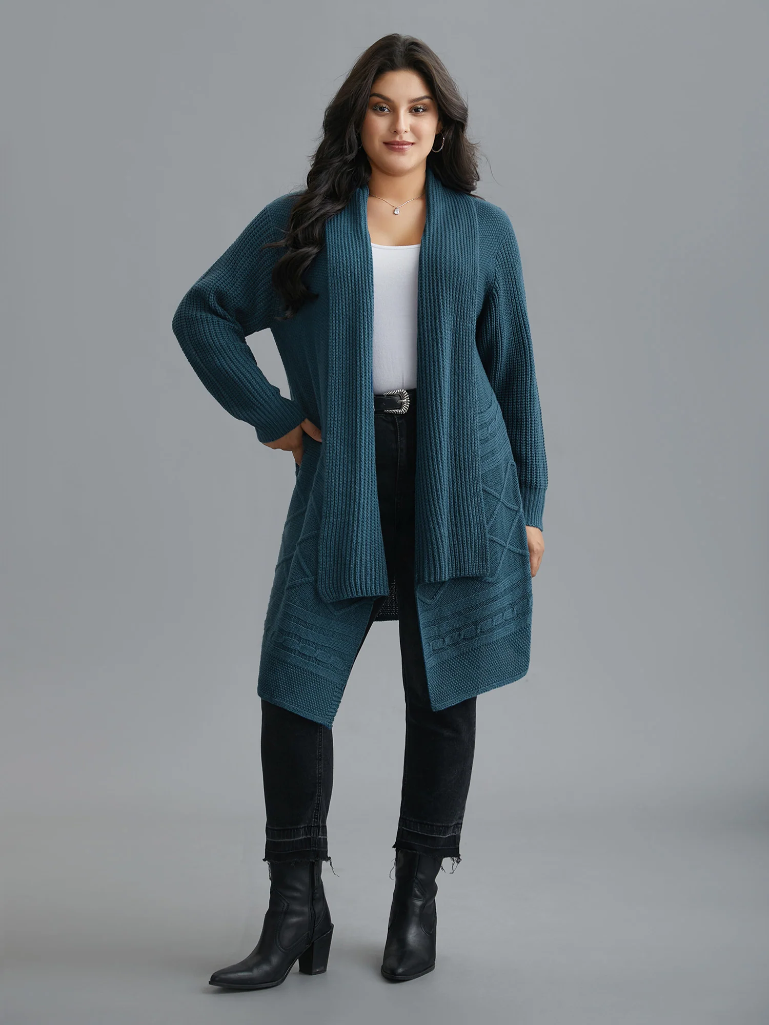 Cable Knit Asymmetrical Hem Open-Front Cardigan - Image 4