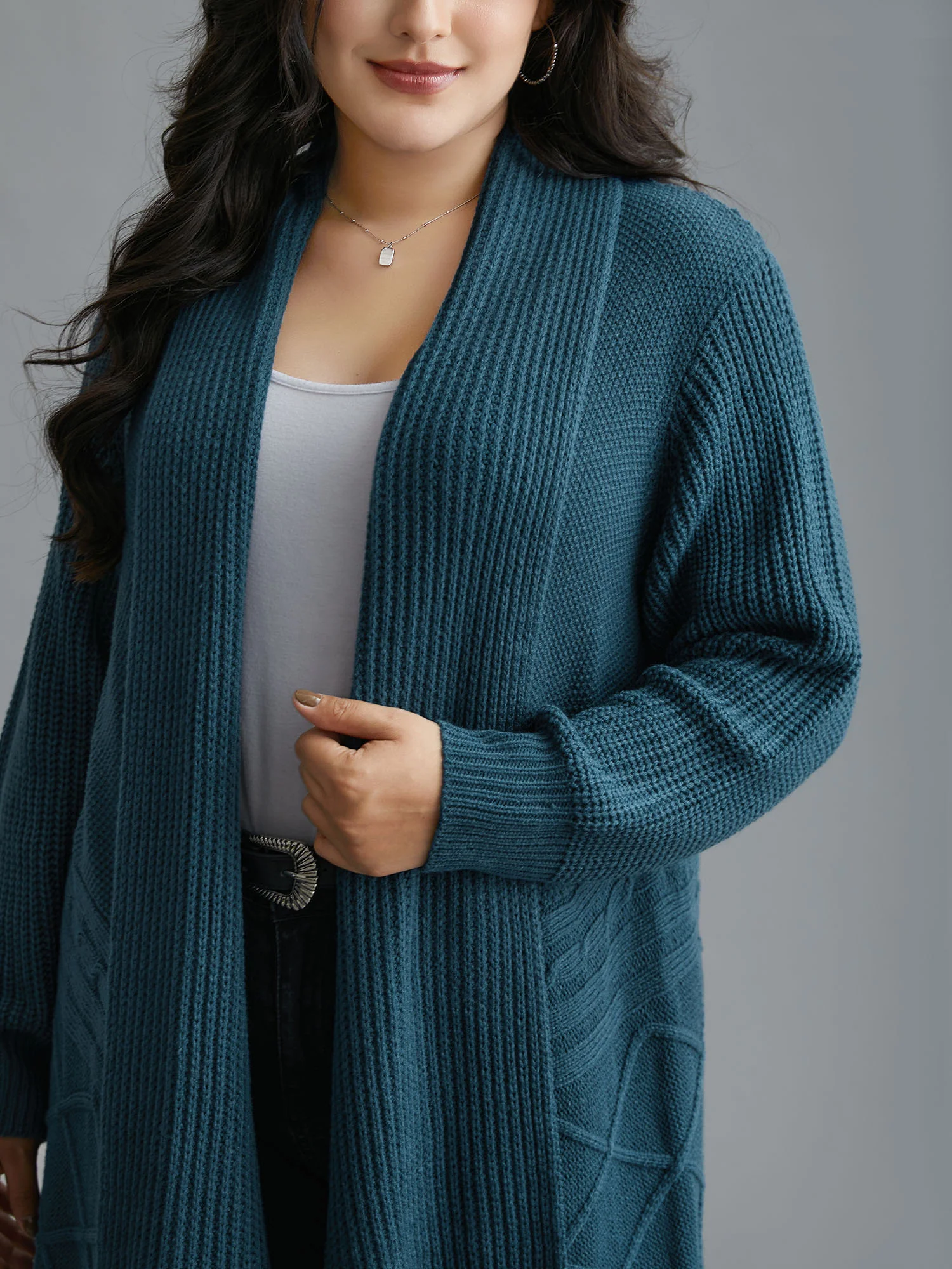 Cable Knit Asymmetrical Hem Open-Front Cardigan - Image 5