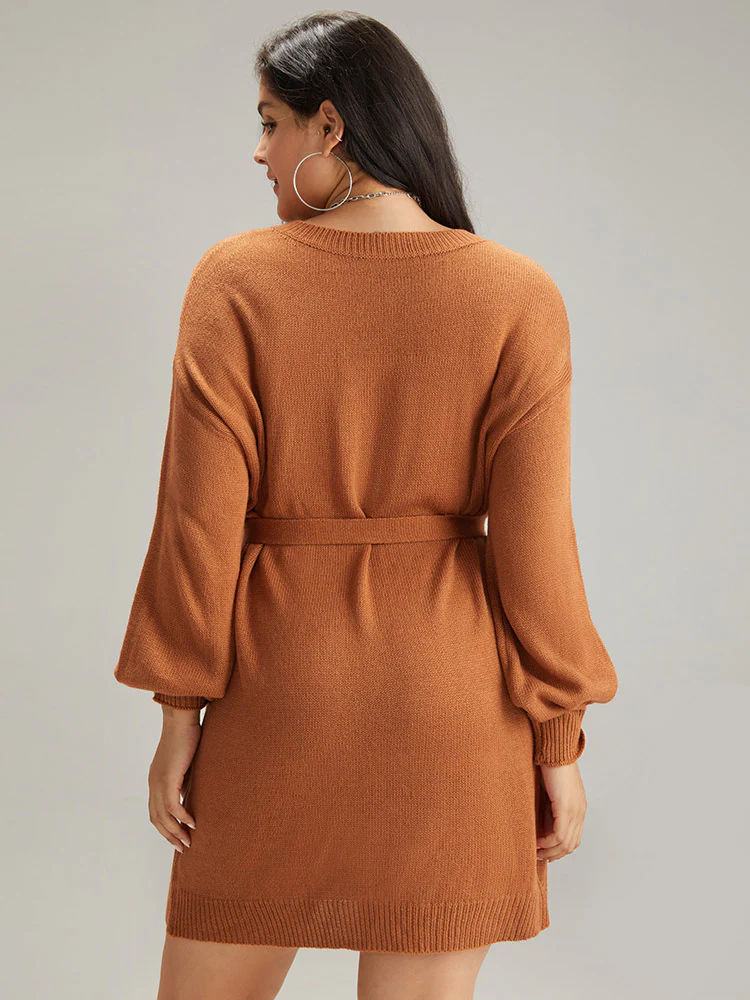 Cable Knit Belted Lantern Sleeve Sweater Dress - Image 2