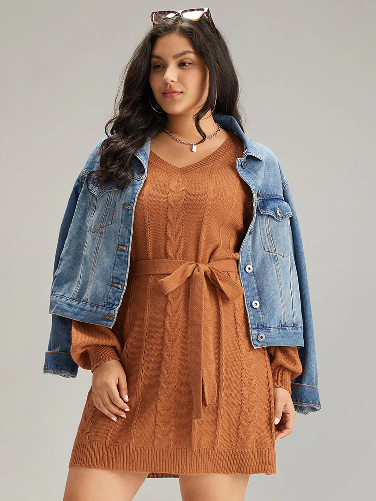 Cable Knit Belted Lantern Sleeve Sweater Dress - Image 3