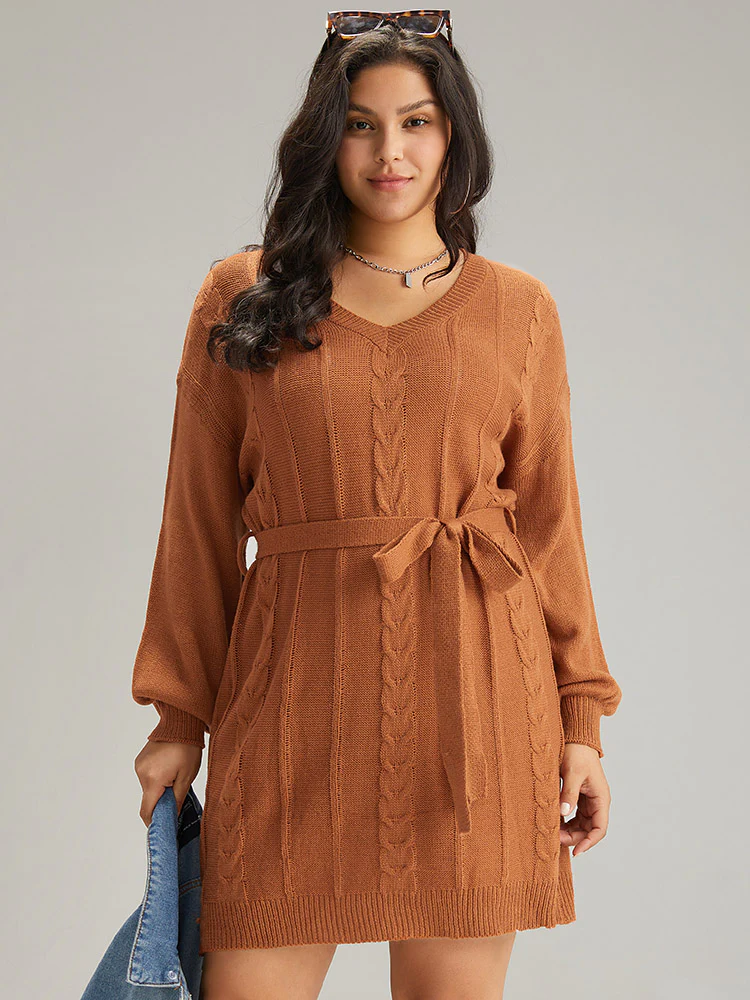 Cable Knit Belted Lantern Sleeve Sweater Dress - Image 4