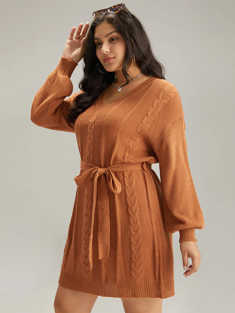 Cable Knit Belted Lantern Sleeve Sweater Dress - Image 5