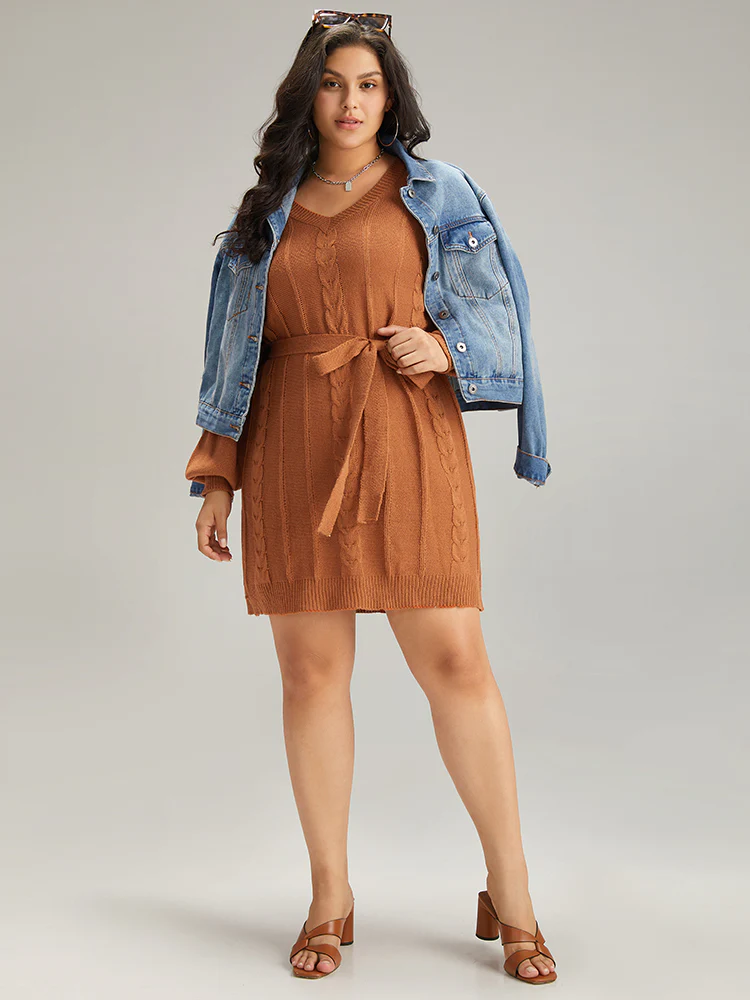 Cable Knit Belted Lantern Sleeve Sweater Dress - Image 6