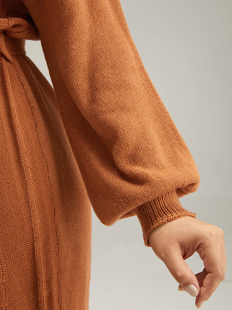 Cable Knit Belted Lantern Sleeve Sweater Dress - Image 7