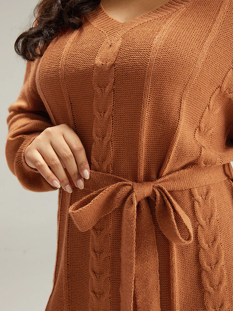 Cable Knit Belted Lantern Sleeve Sweater Dress - Image 8