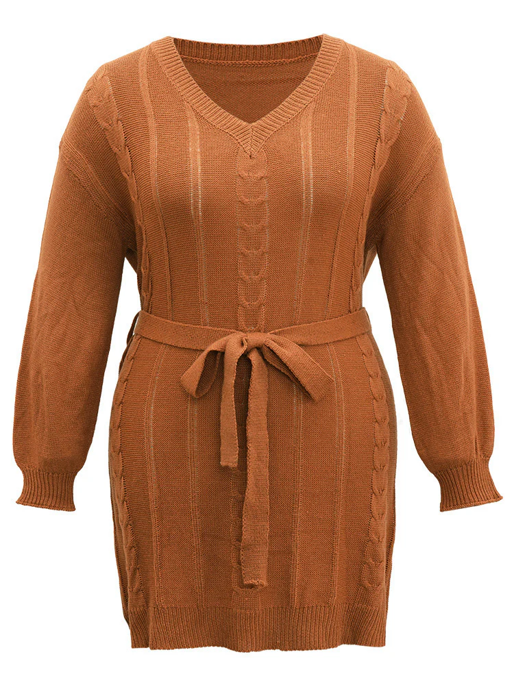 Cable Knit Belted Lantern Sleeve Sweater Dress - Image 9