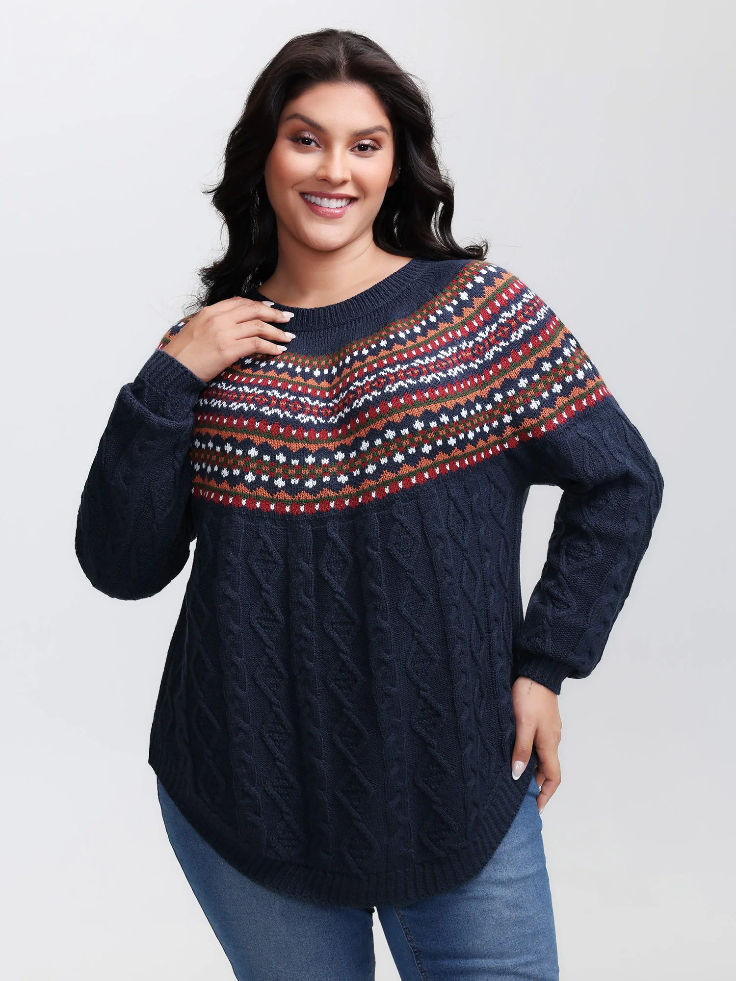 Cable Knit Boho Print Curvy Hem Pullover - Image 2