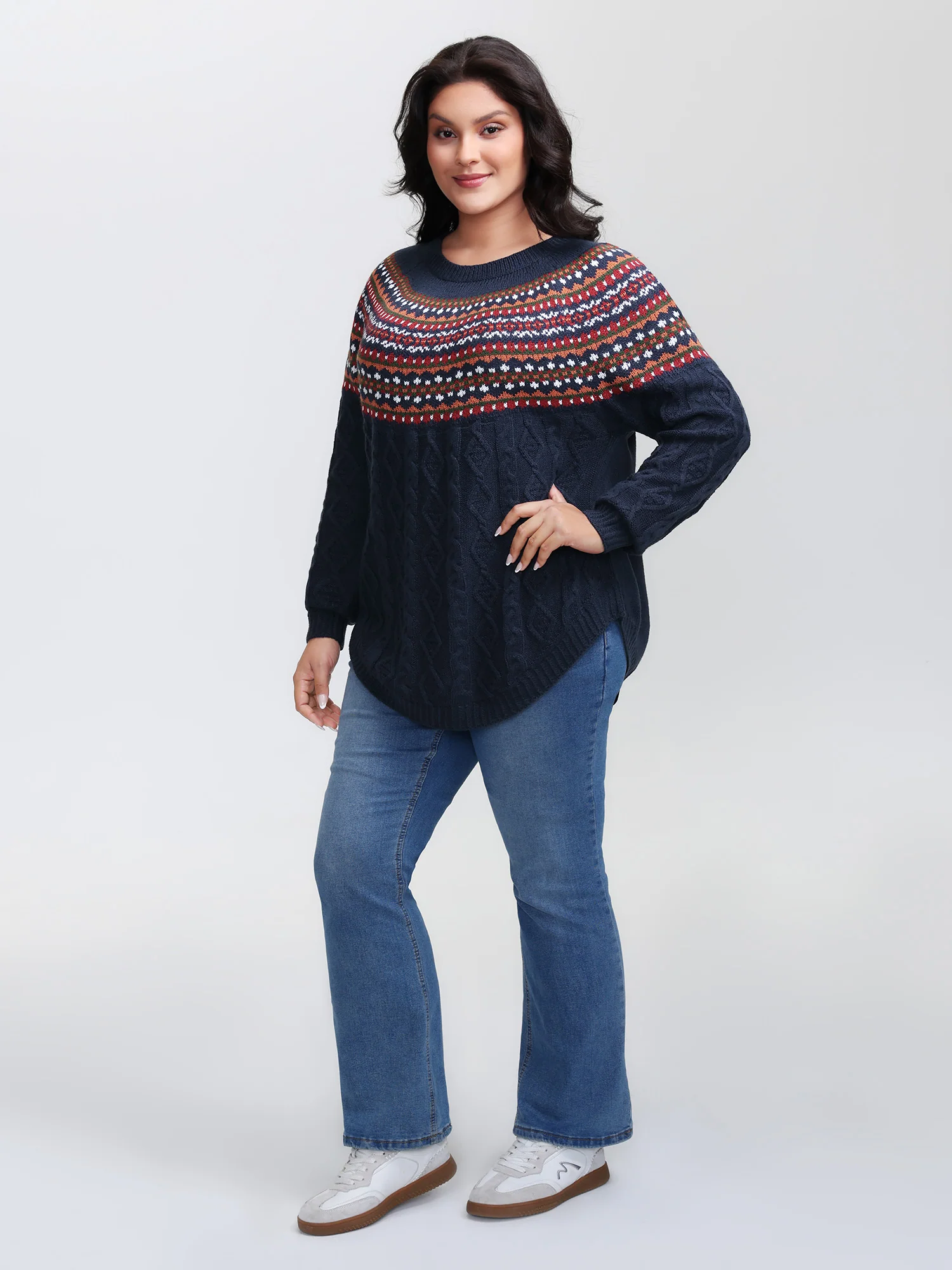 Cable Knit Boho Print Curvy Hem Pullover - Image 3