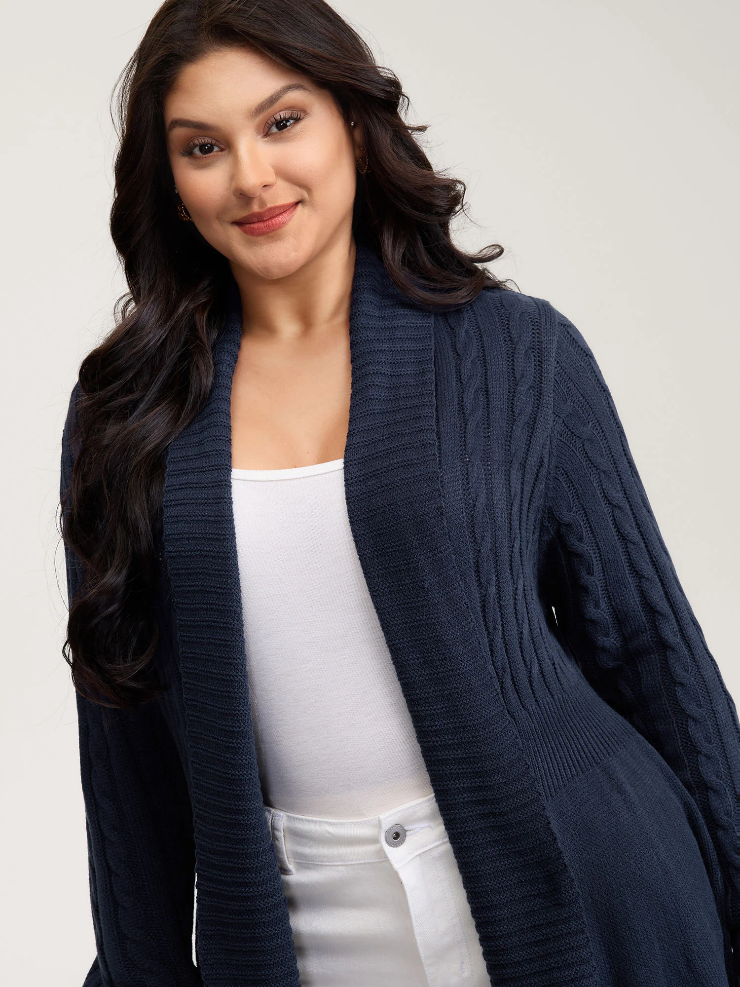 Cable Knit Cinched-Flared Waist Knit Cardigan - Image 2