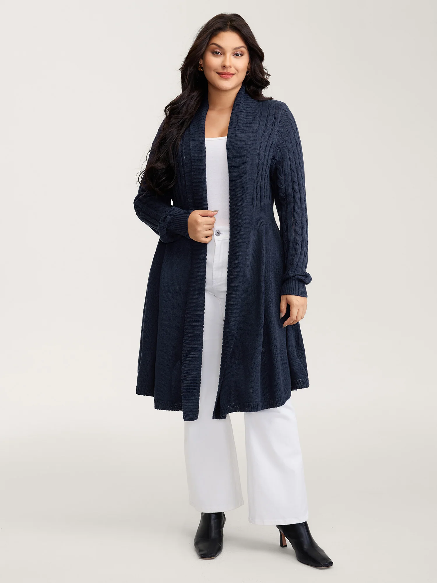 Cable Knit Cinched-Flared Waist Knit Cardigan - Image 3